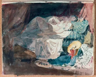 Naakt meisje en een metgezel op een bed