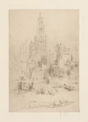 Downtown Manhattan vanaf de East River, met het Woolworth Building