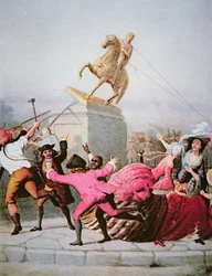 New Yorkse patriotten halen het standbeeld van George III neer op Bowling Green, 9 juli 1776