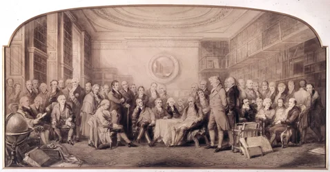De eminente wetenschappers in 1807-1808. Bijeenkomst in de bibliotheek van het Koninklijk Instituut voor Wetenschappen, Engeland. Gravure door William Walker en Sir John Gilbert - Eminente Wetenschappers Levend in 1807