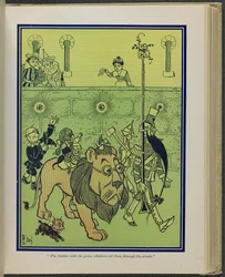 "De soldaat met de groene snorharen leidde hen door de straten", illustratie uit "De wonderbaarlijke tovenaar van Oz" door Lyman Frank Baum