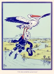 "De Ooievaar droeg hem de lucht in." uit "De Wonderbaarlijke Tovenaar van Oz" door L. Frank Baum
