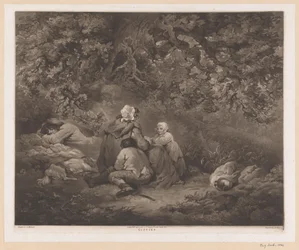 Rustend gezin in een bos