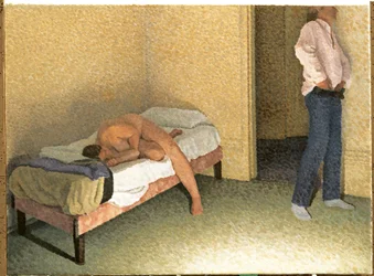 Interieur met een figuur die zich aankleedt