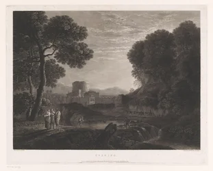 Landschap met poort en toren aan de oever van een rivier