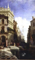 Een Capriccio uitzicht op Venetië met een prinses die naar een gondel wordt gebracht bij de Scuola di San Marco