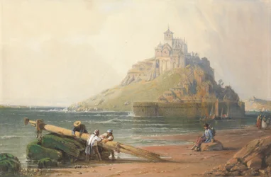 Uitzicht op Mont St. Michel met Figuren op het Strand
