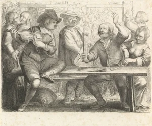 Muzikanten en drinker in een herberg