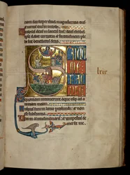 Ms 322 f.67r, Psalm 68, initiaal S, Jona bidt tot Christus bij zijn uitgang uit de walvis en Jona wordt naar de walvis gegooid, illustratie uit de 