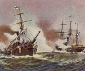 Gevecht tussen de Duitse kanonneerboot "Meteor" en de Franse aviso "Bouvet" bij Havana, 9 november 1870 (kleurenlitho)