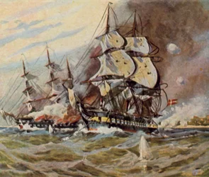 Duitse strandbatterijen bij Eckernförde, 5 april 1849 (vergrote kleurenlitho)