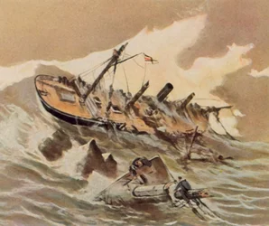 Schipbreuk van de kanonneerboot "Iltis" (kleurenlitho)