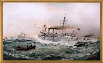 Keizerlijke marine Greif, Meteor en Jagd spioneren bij Brusterort, Chromo-Lithografie door Willy Stöwer 1894, nr9 uit G. Wislicenus, Onze oorlogsvloot