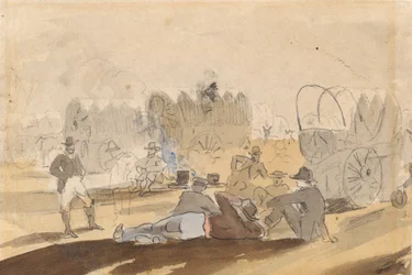 Karavaan met Overdekte Wagens Rustend [recto], 1861