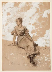 Tekening, Een zittend meisje; studie voor "De tuinmuur", 1878