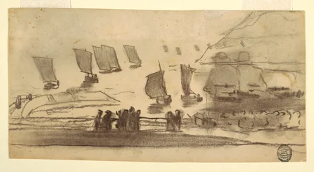 Tekening, Strandgezicht met mensen en vissersboten, Cullercoats, Engeland, 1881-82