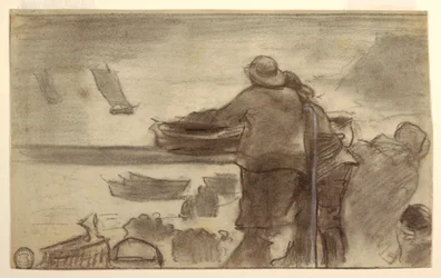 Tekening, Strand met boten en mensen, Cullercoats, Engeland, 1881-82