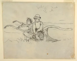 Tekening, Jongen en meisje zittend op een ploeg, 1879
