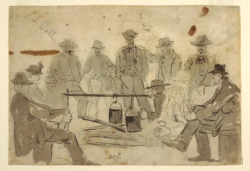 Tekening, kampvuur met soldaten in groepjes, 1862