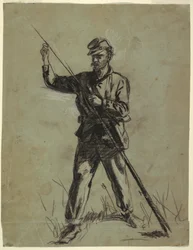 Tekening, Cavaleriesoldaat laadt een geweer, 1863-64