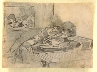Tekening, Chinese man rookt een opiumpijp, een Baxter Street Club House, New York City, ca. 1874