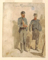 Tekening, "Van Richmond"; Twee gewonde soldaten, 1862