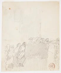 Tekening, Mannen en vrouwen kijken uit op zee, Cullercoats, Engeland, 1881