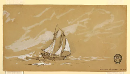 Tekening, Schoener met drie sloepen, 1880