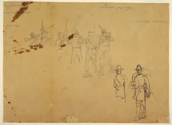 Tekening, Schetsen van enkele infanteriefiguren en oefenhandtekeningen, 1862