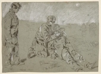 Tekening, soldaat geeft water aan gewonde kameraad, 1864