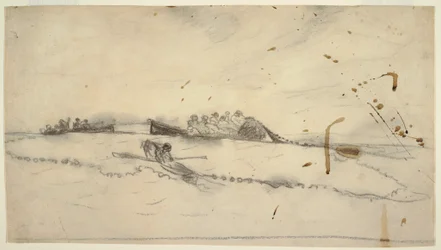 Tekening, Drie boten met vissers die een net uitzetten, 1881-82