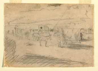 Tekening, trein met legerwagens, 1862