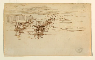 Tekening, twee sloepen worden te water gelaten, Engeland, 1881