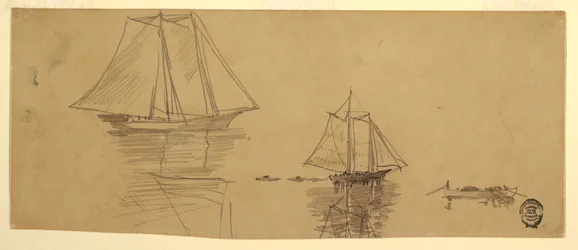 Tekening, Twee schoeners en sloepen, ca. 1880