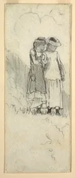 Tekening, Twee jonge meisjes in een veld, 1879