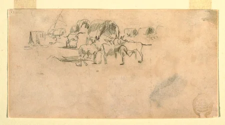 Tekening, wagontrein in het kamp, 1862