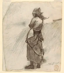 Tekening, Vrouw kijkt uit op zee, Cullercoats, Engeland, 1881-82