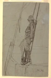 Tekening, Jonge man leunend tegen de tuigage van een zeilboot, waarschijnlijk 1861-62