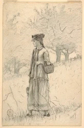 Tekening, Jonge vrouw loopt door een veld, 1879