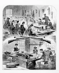 Patronen vullen in het arsenaal in Watertown, Massachusetts, 1860s