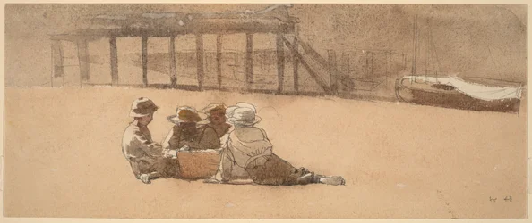 Vier jongens op een strand