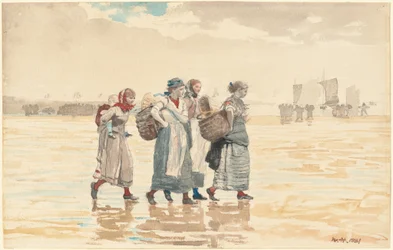 Vier visvrouwen op het strand