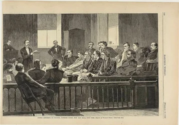Juryleden luisteren naar raadslieden, Hooggerechtshof, New City Hall, New York