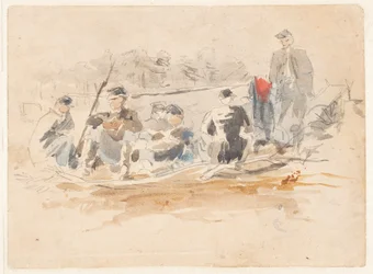Zittende soldaten in een groep