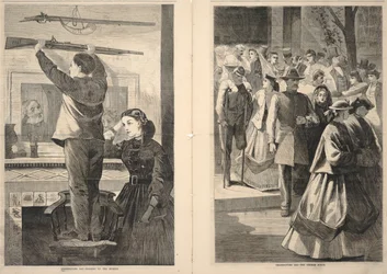 Thanksgiving Day--Hanging up the Musket/Thanksgiving Day--The Church Porch, uit Frank Leslie