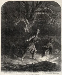 De wachtpost van het tiende Indiana Regiment ontdekt de nadering van de rebellen