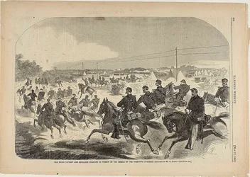 De cavalerie en artillerie van de Unie zetten de achtervolging in op de rebellen op de Yorktown Turnpike
