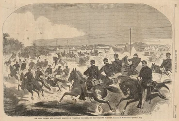 De cavalerie en artillerie van de Unie beginnen de achtervolging van de rebellen over de Yorktown Turnpike, uit Harper