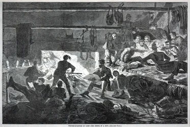 Winterverblijf in het kamp--De binnenkant van een hut, uit Harper