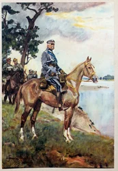 Ruiterportret van Maarschalk Jozef (Joseph) Klemens Pilsudski (1867-1935) op zijn favoriete paard Kasztanka